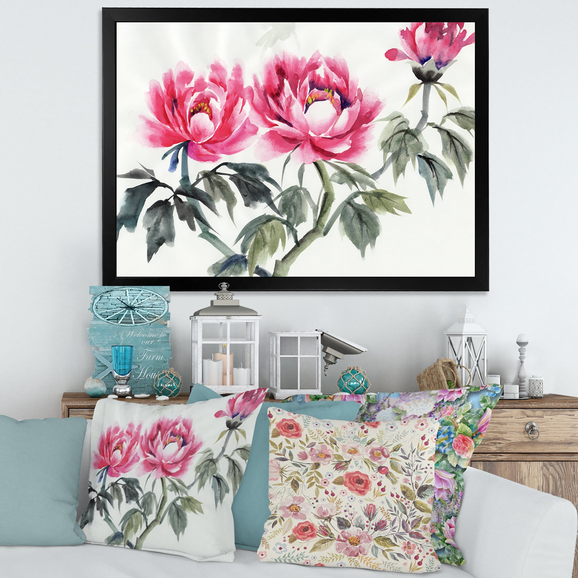 Designart 'Ancient Purple Peonies Branch' Traditional Framed Art Print