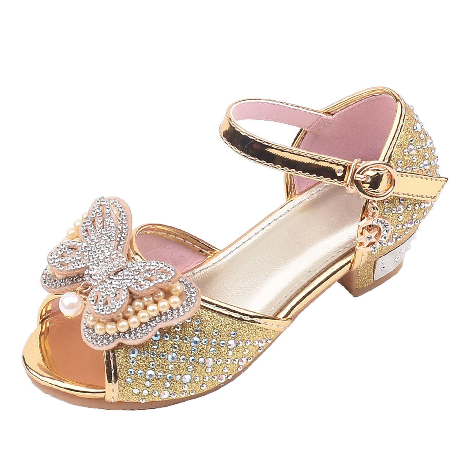 Penkiiy Children's Shoes Girls Fish Mouth Butterfly Pearl Rhinestone Crystal Princess Shoes Dance Shoes Toddler Sandals Wonder 5.5-6 Years Gold On Clearance - image 1 of 7