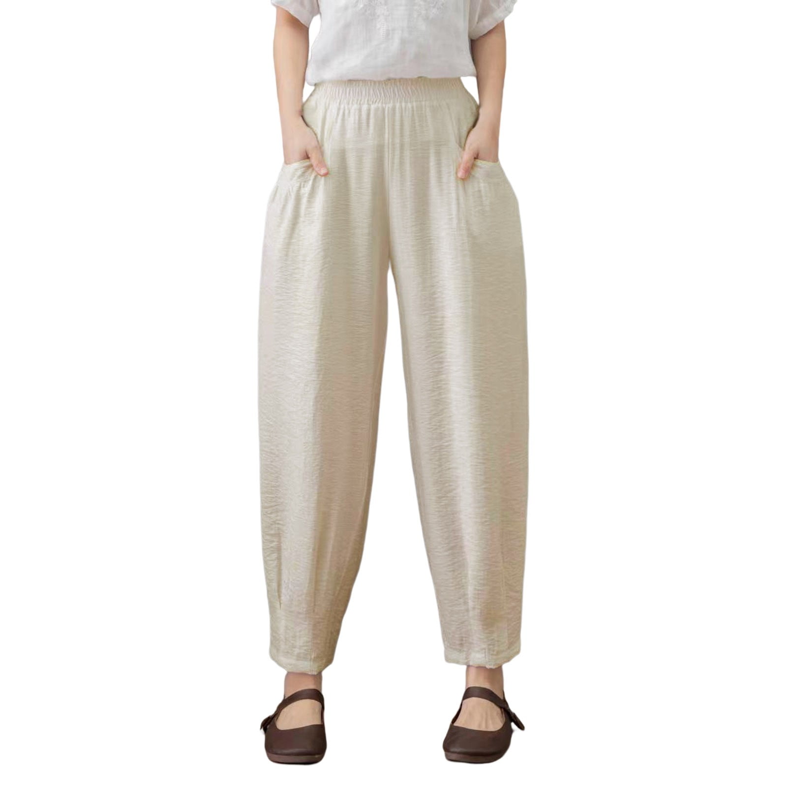 JHLZHS White Linen Pants Womens Elastic Breathable Trousers Loose Cotton High Waist Pants with Pockets Wide Leg Linen Pants for Women White Linen Pants Women Petite Short Walmart