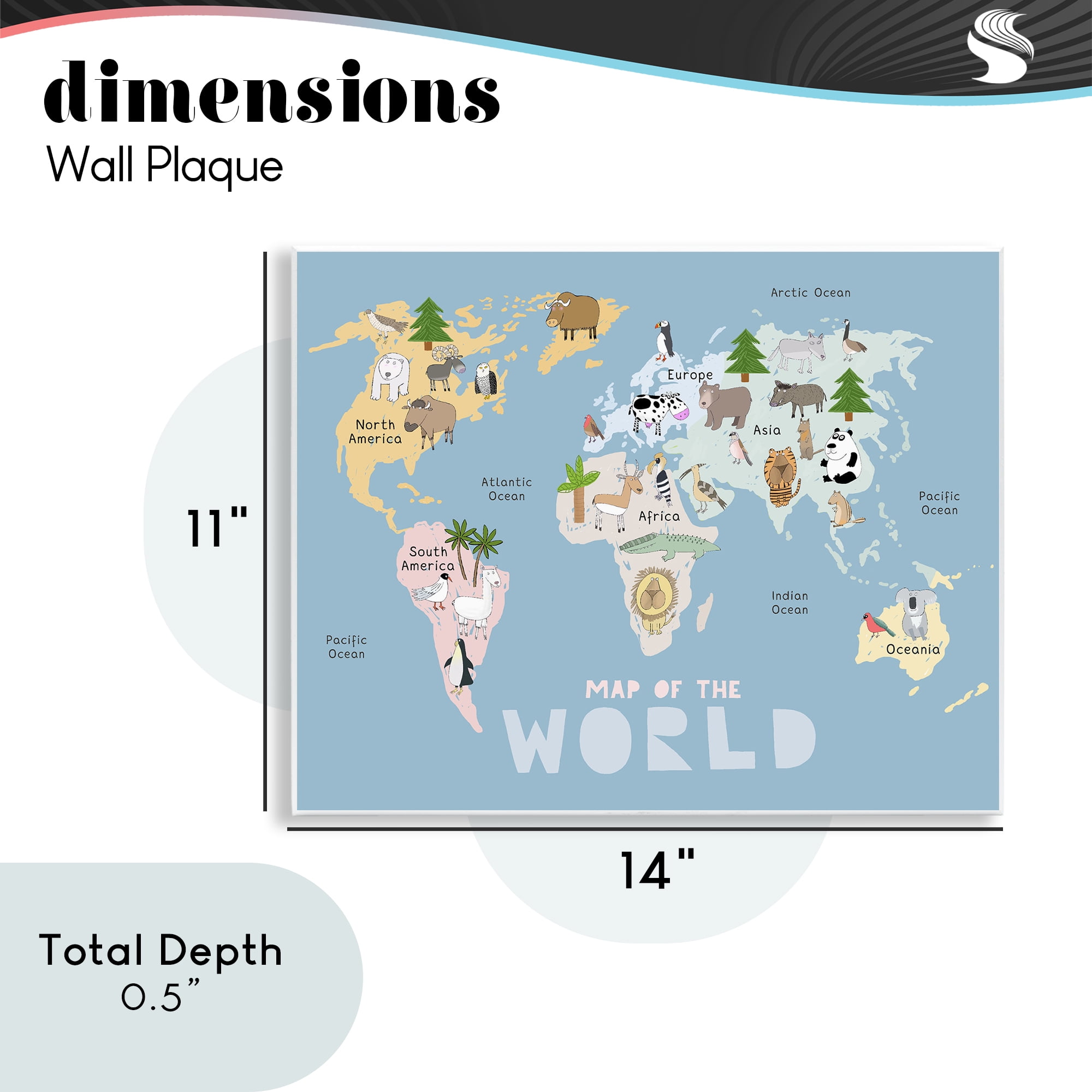 Kid's Map Of World Blue Wall Plaque Art, design by Carla Daly