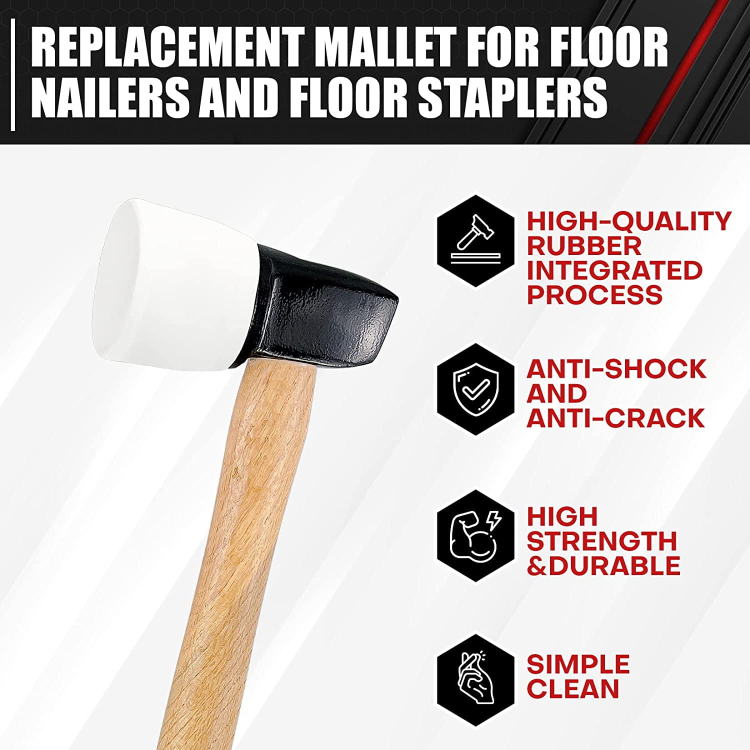 RGHJAR-White Rubber Flooring Mallet with Replaceable Head,Non-Marring Head, Wood Handle, 1 Replacement head