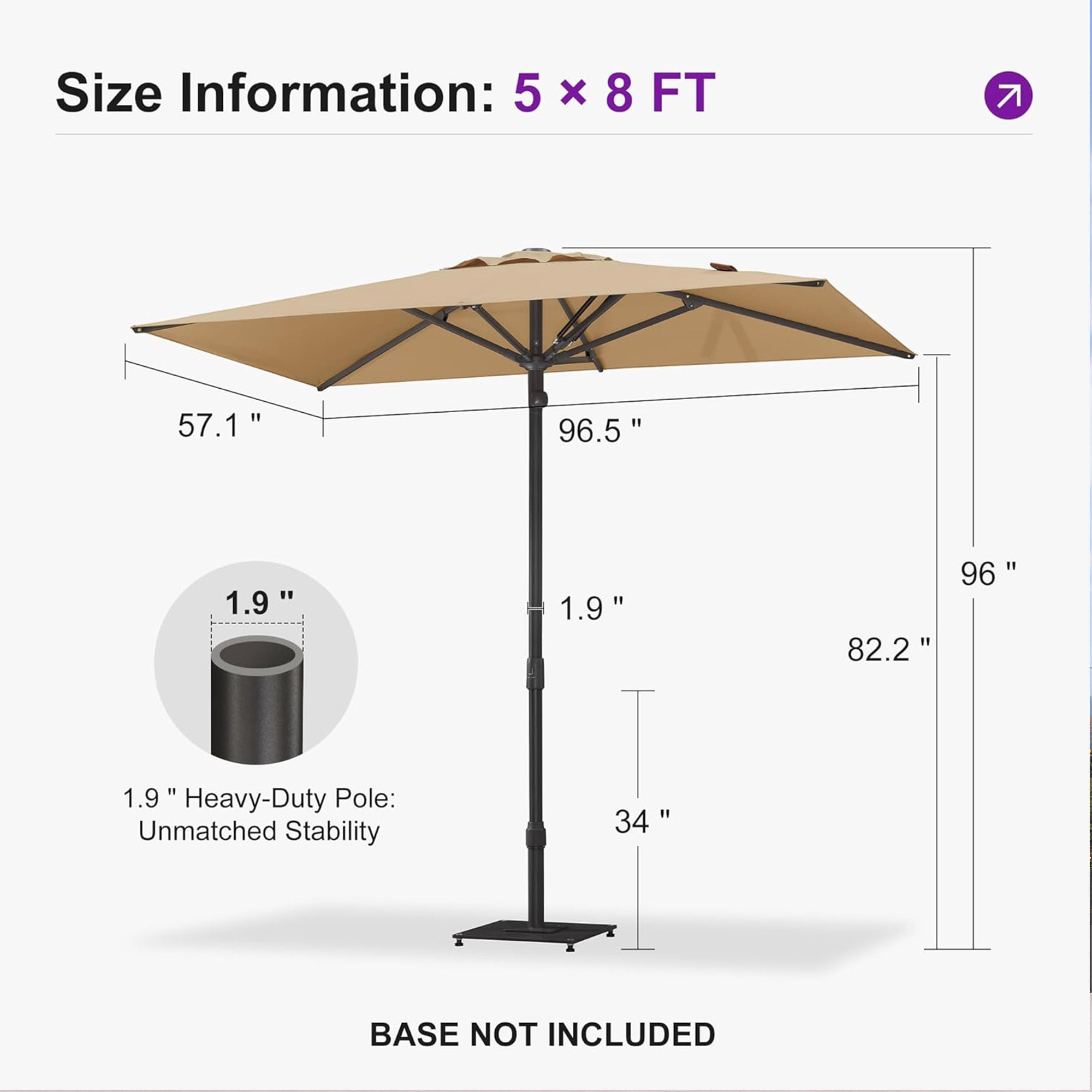PURPLE LEAF OUTDOOR 8' x 5' Rectangular Semi-Auto Outdoor Patio Umbrella Aluminium Market Umbrella Table Umbrella with 1.89In Rod and 6 Sturdy Ribs for Deck Lawn Pool Garden, Beige