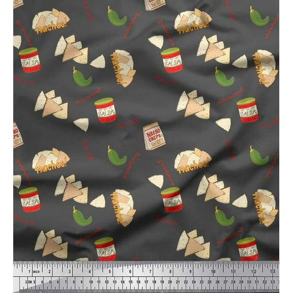 Soimoi Gray Cotton Voile Fabric Nachos & Salsa Food Print Fabric by Yard 42 Inch Wide