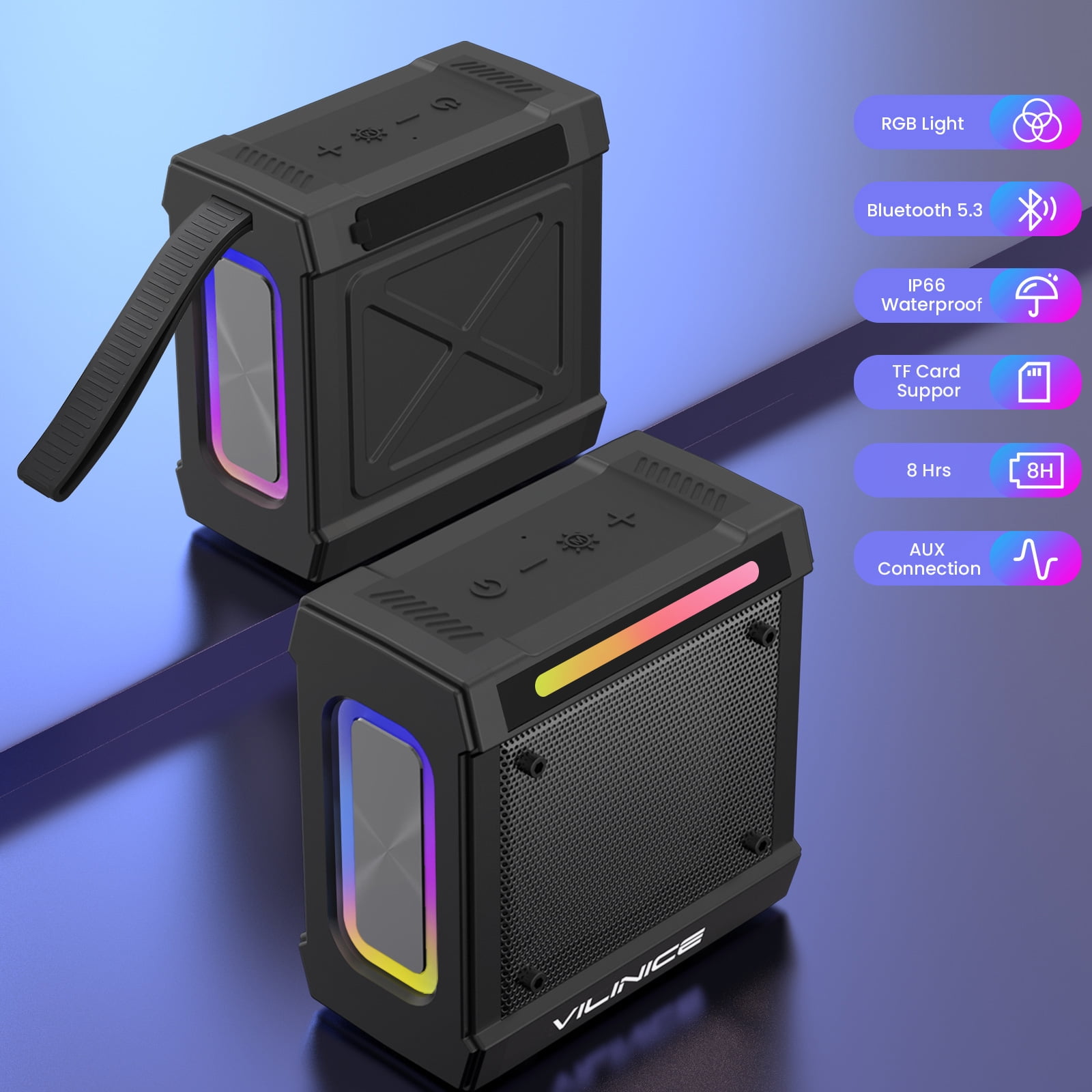VILINICE Bluetooth Speaker Portable, IP66 Waterproof Wireless Speaker 3D Sound, 10 Colorful Modes, TF Card Support(Not Included)