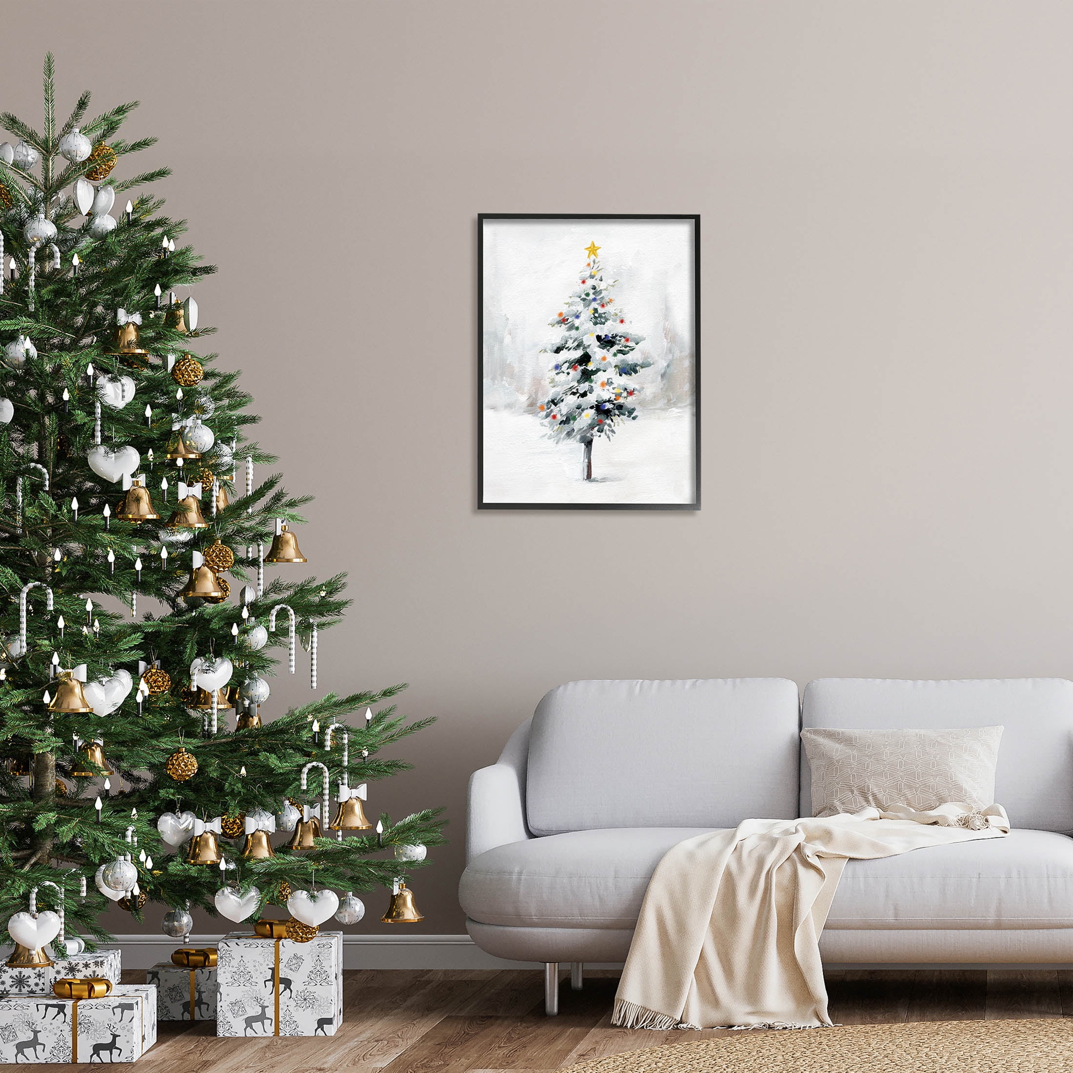 Snowy Christmas Tree Landscape Holiday Graphic Art Black Framed Art Print Wall Art