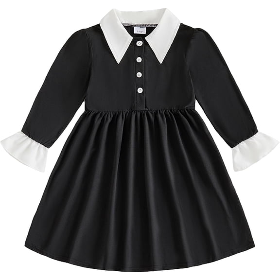 Guvpev Toddler Girls Halloween Costume, Black Gothic Dress Preppy Aesthetic Clothes with White Collar, Kids Long Sleeve Cosplay Dress Up Outfits
