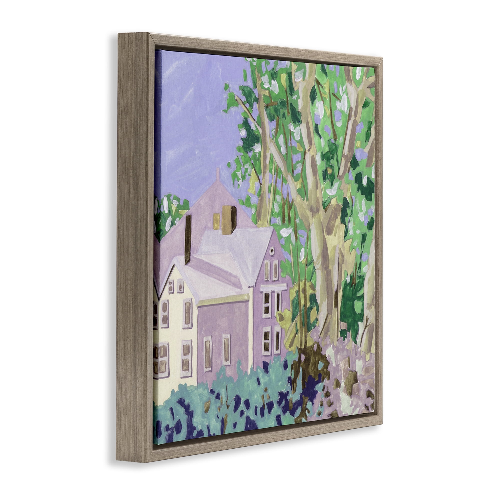 Stupell Industries Building View Through Trees Buildings & Architecture Painting Brown Floater Framed Canvas Art Print Wall Art, 18 x 18