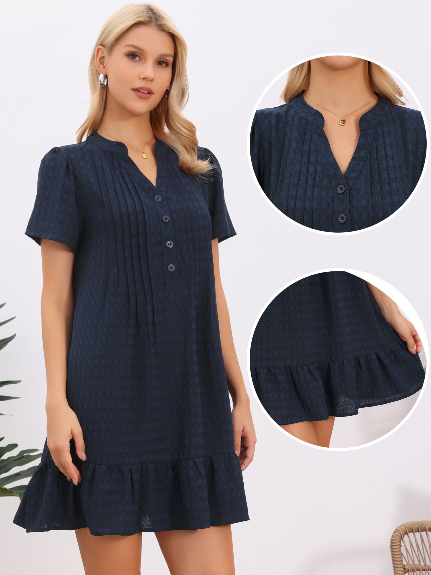 DARING DIVA Women's V Neck Ruffle Hem Pleated Front Short Sleeve Ruffle Hem XL Navy Blue