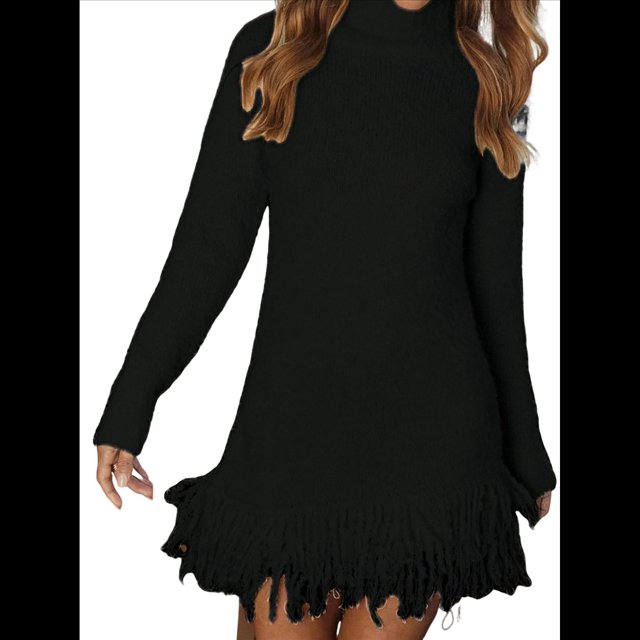 Vestido Tipo Suéter de Larga para Mujer, Informal, de Punto Acanalado, con Borlas, para Otoño. Negro L