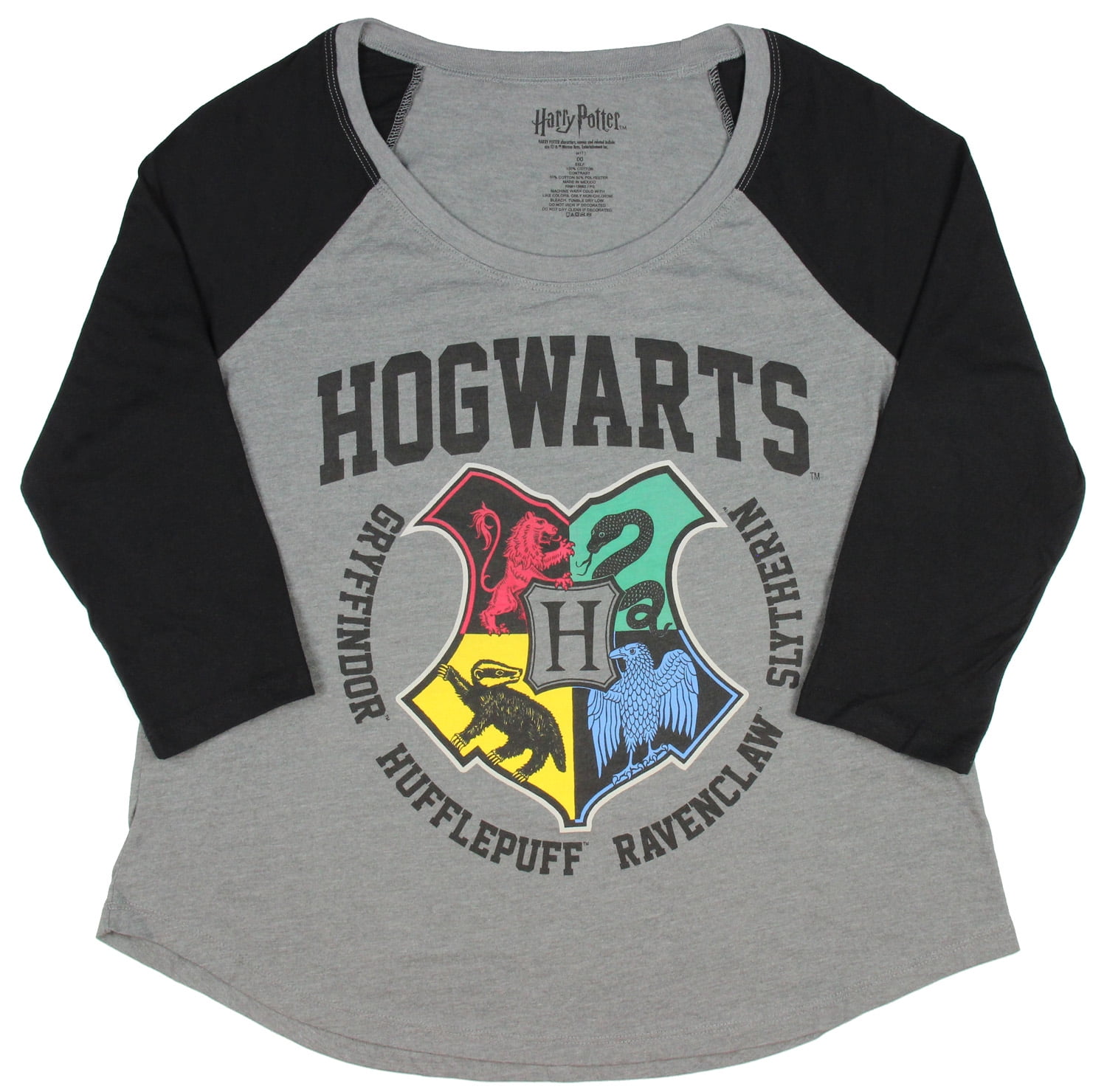 Harry Potter Hogwarts Houses Crest Boy's Raglan Long Sleeve Grey T-Shirt