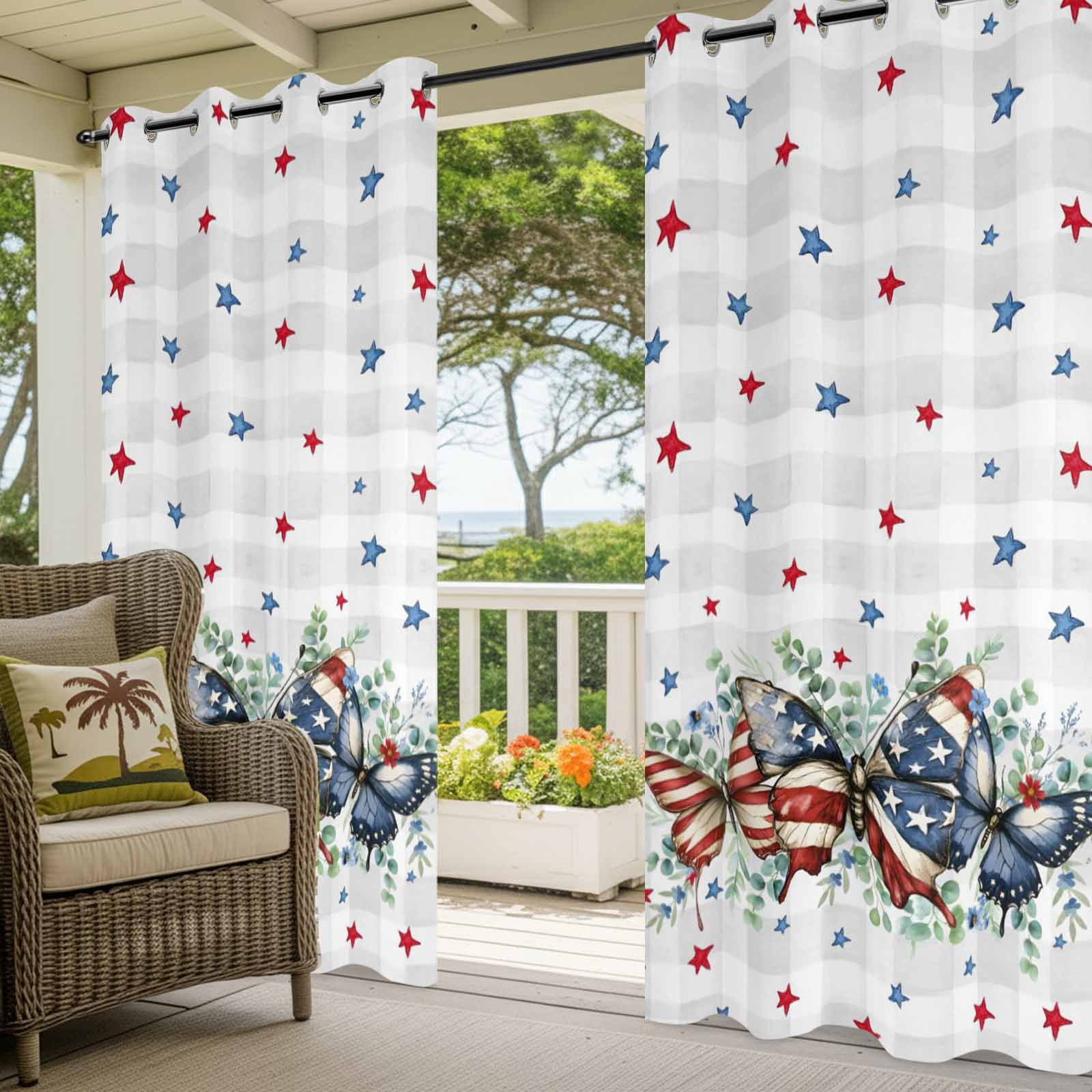 Independence Day Outdoor Curtains for Patio, Vintage Butterfly Star Leaf Gray Plaid Sunshade Privacy Drapes Grommet Waterproof Outside Curtains for Porch/Cabana/Balcony 54"x 108", 1 Panel