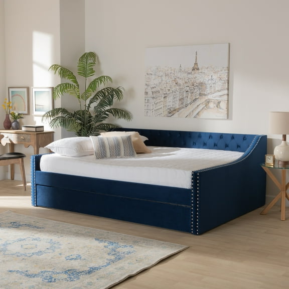 Baxton Studio Raphael Contemporary Kids Wood Tufted Queen Daybed with Trundle, Navy Blue