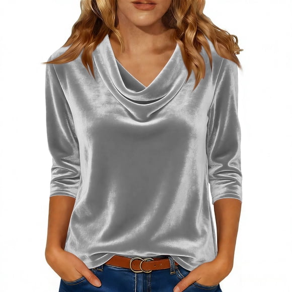 Hecho para Más Camisa Mujeres Elegante Drape-Delantero Plisado Cuello Oro Terciopelo Tres Cuartos de Manga Blusa, Top Casual