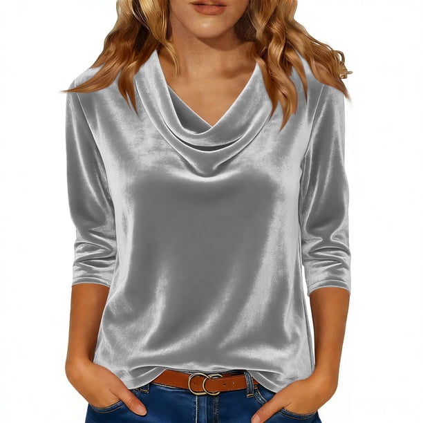 Hecho para Más Camisa Mujeres Elegante Drape-Delantero Plisado Cuello Oro Terciopelo Tres Cuartos de Manga Blusa, Top Casual