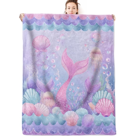 Mermaid Tail Flannel Blanket Gifts for Girls Fairy Dreamy Lover,40x50inch,Fantasy Ocean Throw Blankets with Seashell and Jellyfish,for Bedroom,Sofa,Living Room,Camping Decor Throws