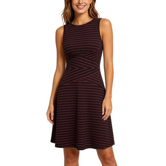 Hduncf Women's Casual Dresses Trendy Waistline Round Neck Sleeveless Striped High Waisted A Line Bodycon Dresses Red M
