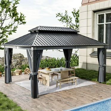 Sunmthink 12' x 16' Outdoor Hardtop Gazebo, Galvanized Double Roof Gazebo with Curtain and Netting for Patio, Garden, Lawn, Party