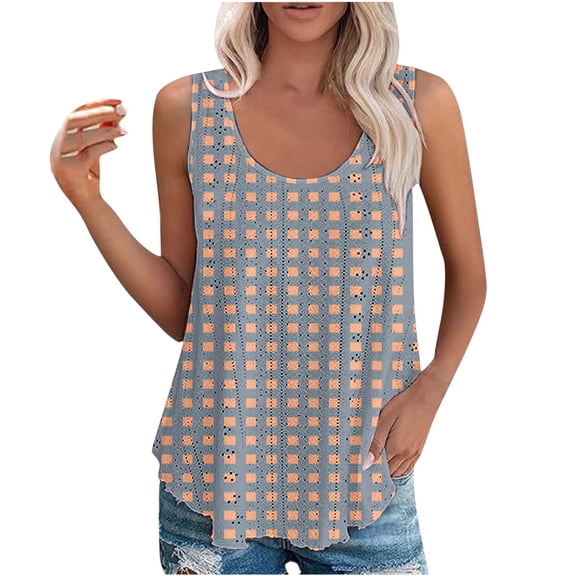 ALLLIST Spring Tops Yellow Pleated Sleeveless Crew Neck Plaid Tank Tops Womens Capris for Summer XXXL