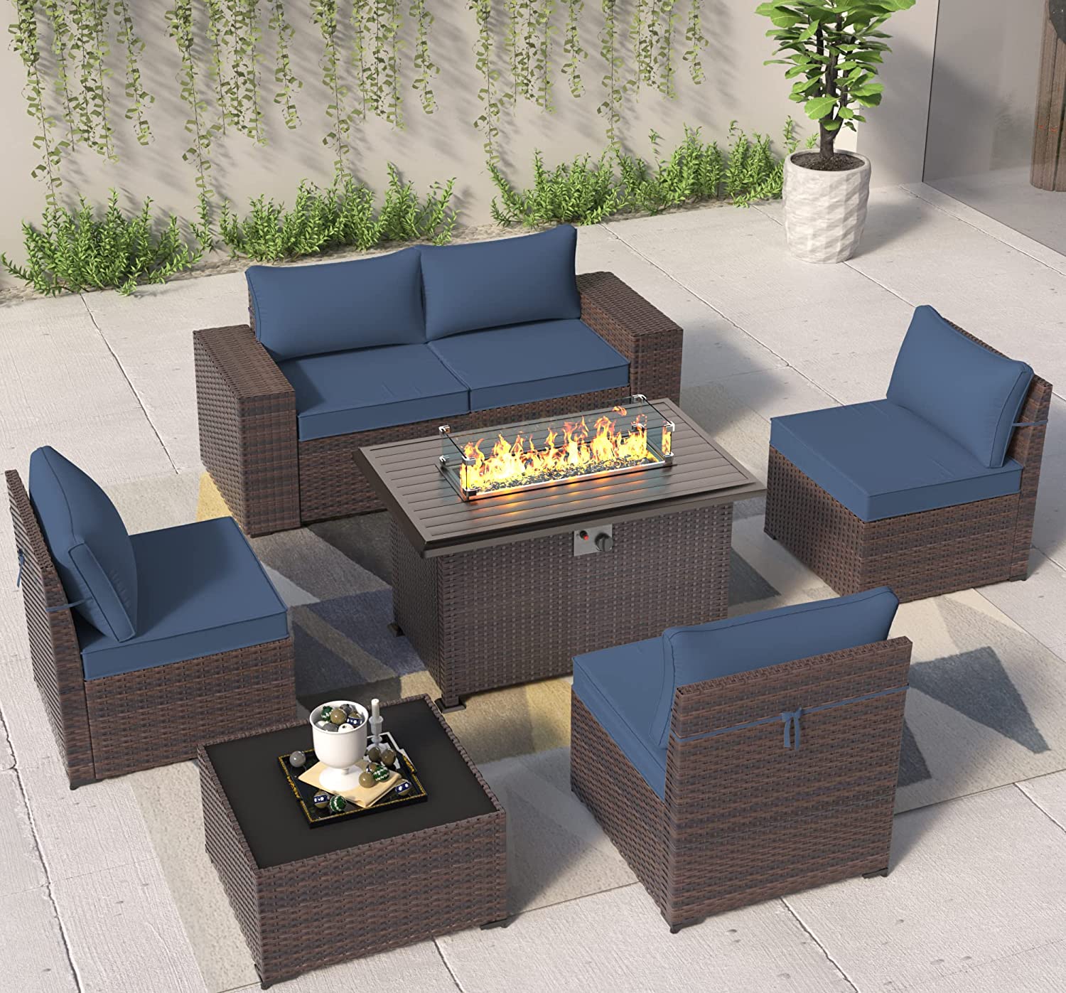 ALAULM Outdoor Patio Furniture Set with Gas Fire Pit Table, 7 Pieces