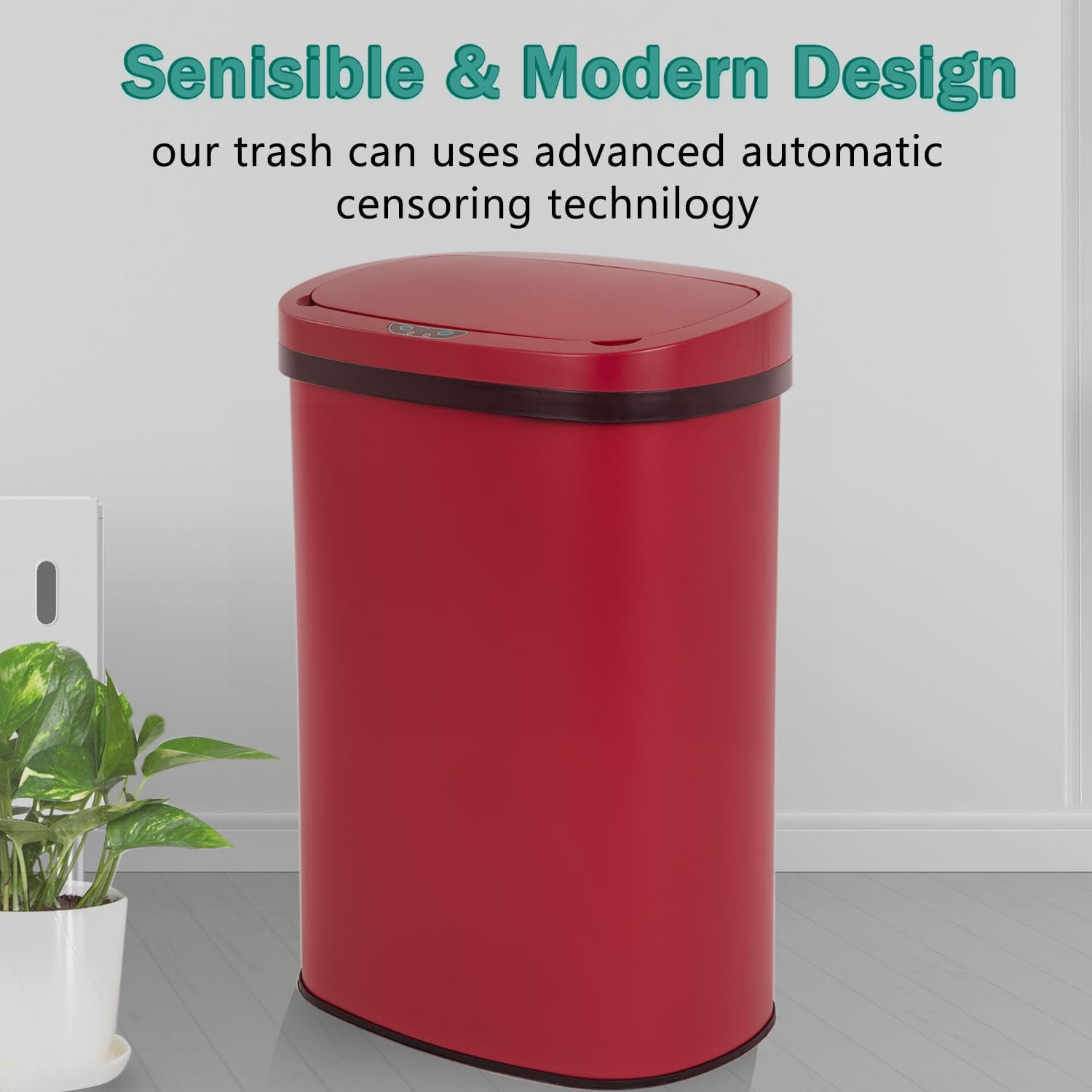 13-Gallon Kitchen Trash Can Red Stainless Steel Garbage Can Automatic Touch Free Garbage Bin Motion Sensor Trash Can with Lid Metal Waste Bin for Living Room, Kitchen, Bathroom, Office