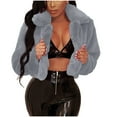 thumbnail image 2 of Lovskoo Womens Cropped Faux Fur Coat Winter Warm Fluffy Casual Lapel Jackets Warm Fuzzy Solid Color Outerwear Gray, 2 of 7