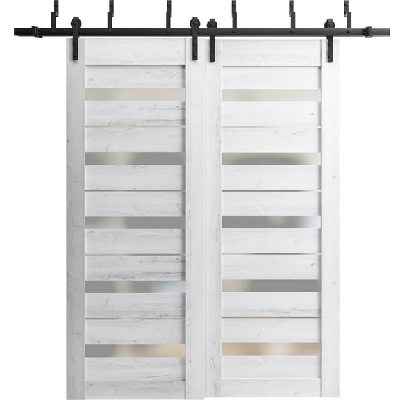 Sliding Closet Barn Bypass Doors 48 x 80 inches | Quadro 4445 Nordic White with Frosted Glass | Sturdy 6.6ft Rails Hardware Set | Wood Solid Bedroom Wardrobe Doors