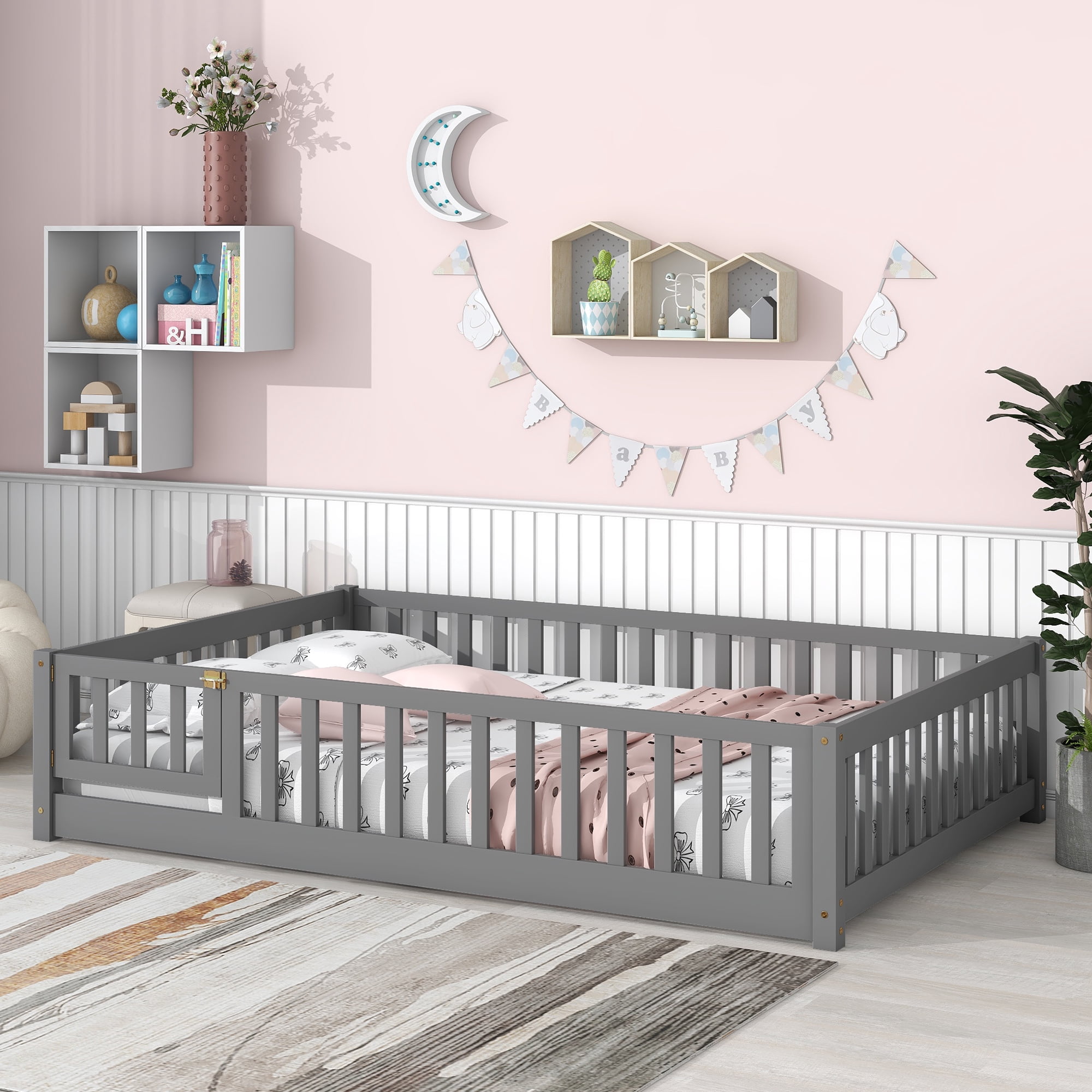 UHOMEPRO Full Size Floor Bed with Door and Fence for Kids, Toddler Bed Montessori Floor Bed with Slats and Safety Guardrails, Solid Wood Full Bed Frame for Girls Boys Kids Bedroom, Gray