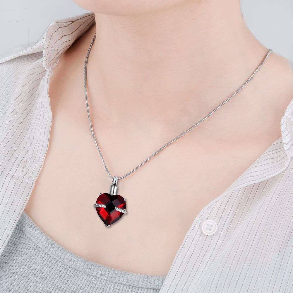 Anavia Personalized Heart Crystal Cremation Urn Necklace Jewelry For Ashes Human Pet Remains Funeral Casket Locket Engraving with Free Funnel Kit Gift Box Ship Next Day! [January - Garnet]