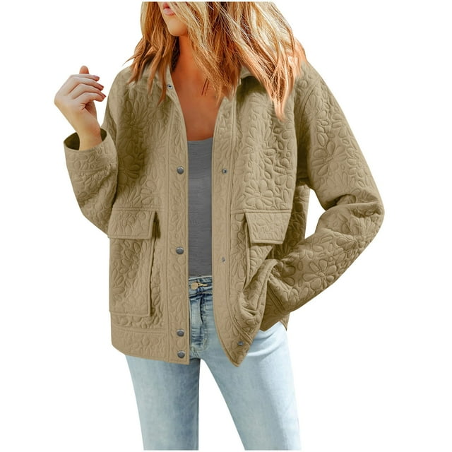 Women's Jacquard Shacket 2025 - Button Down Collared Long Sleeve Lightweight Casual Jacket with Pockets