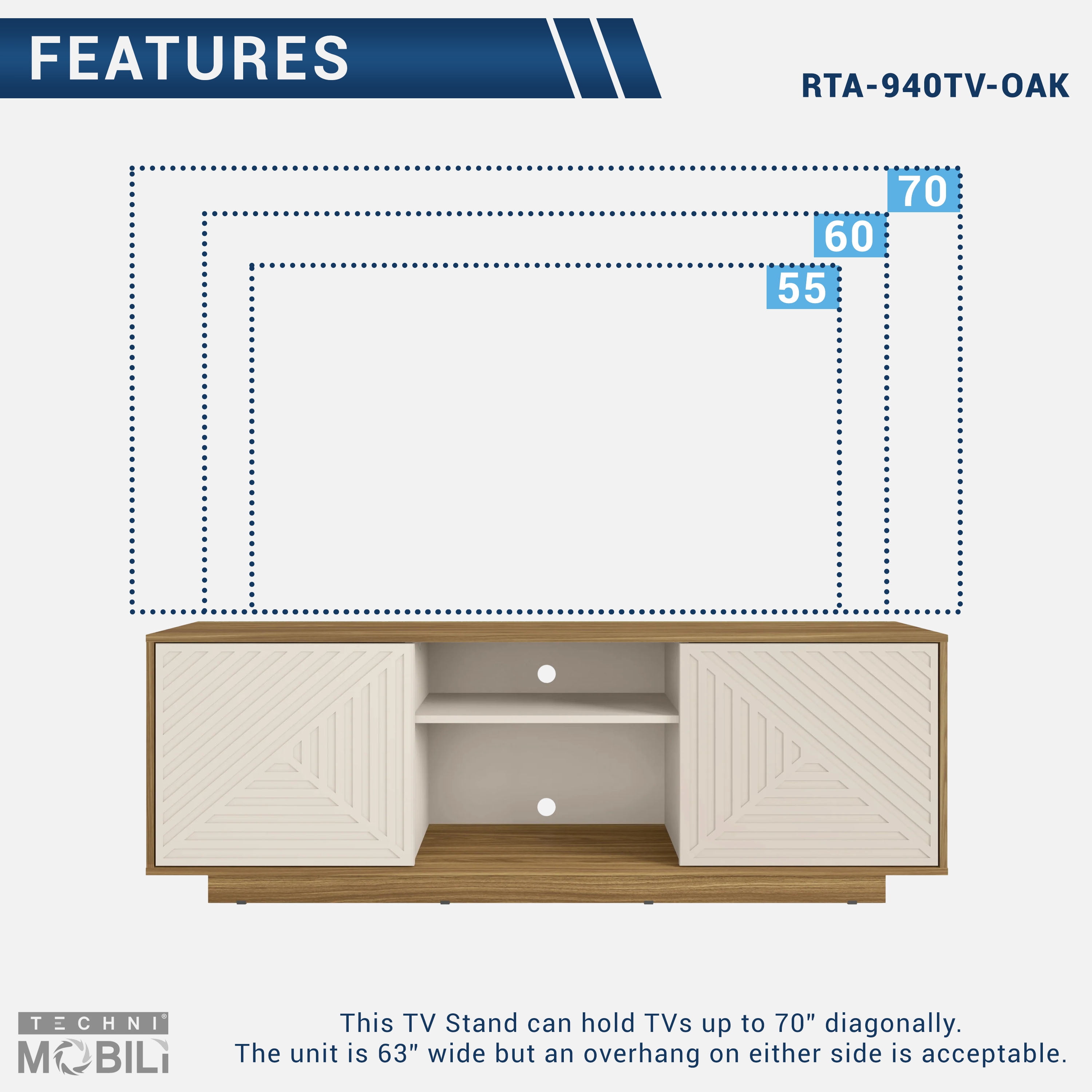 Techni Mobili Modern TV Stand for TV’s up to 70” with 2 Storage Cabinets with Patterned Doors, Oak RTA-940TV-OAK