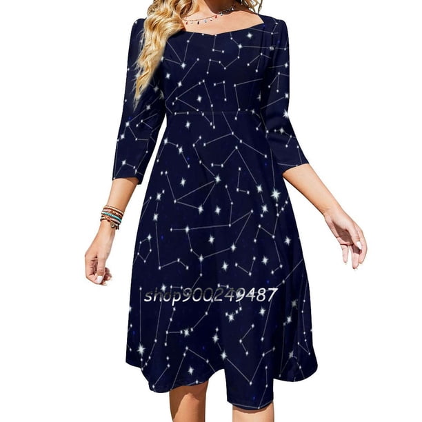 Vestido de cuello cuadrado con sorpresa de ojos estrellados, nuevo vestido elegante de talla grande para mujer, vestido ajustado a la cintura, patrones lindos y geniales, astrología de cuarentena