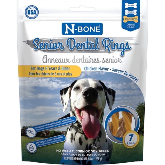 N-Bone Senior Dental Rings for Dogs , Chicken Flavor, Glucosamine & Chondroitin for Joint Health, DHA for Brain Support, Reduces Plaque & Tartar, Rawhide Free, 7 Rings, 9.8 oz, Made in Texas
