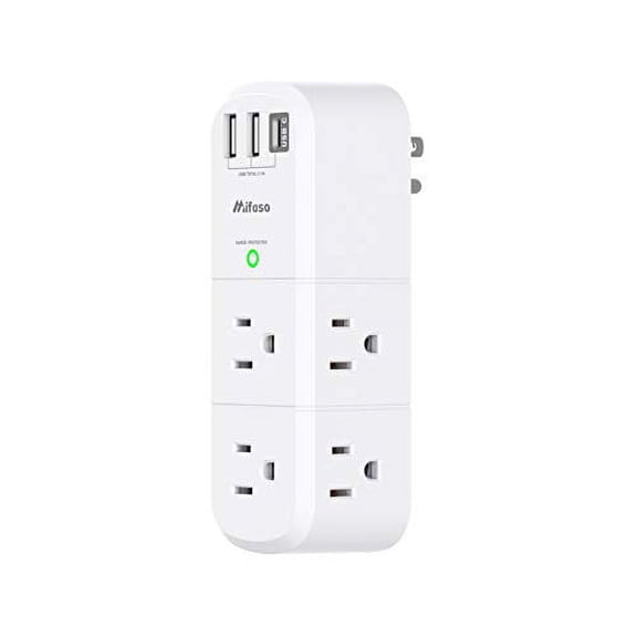 USB Outlet Extender Surge Protector - with Rotating Plug, 6 AC Multi Plug Outlet and 3 USB Ports (1 USB C), 1800 Joules, 3-Sided Swivel Power Strip with Spaced Outlet Splitter for Home, Offi