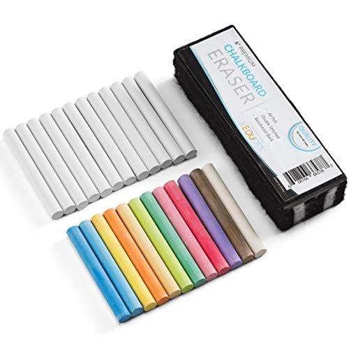KEDUDES Non-Toxic White and Colored Dustless Chalk (12 Per Box) and Premium Chalkboard Eraser, 2 Pack