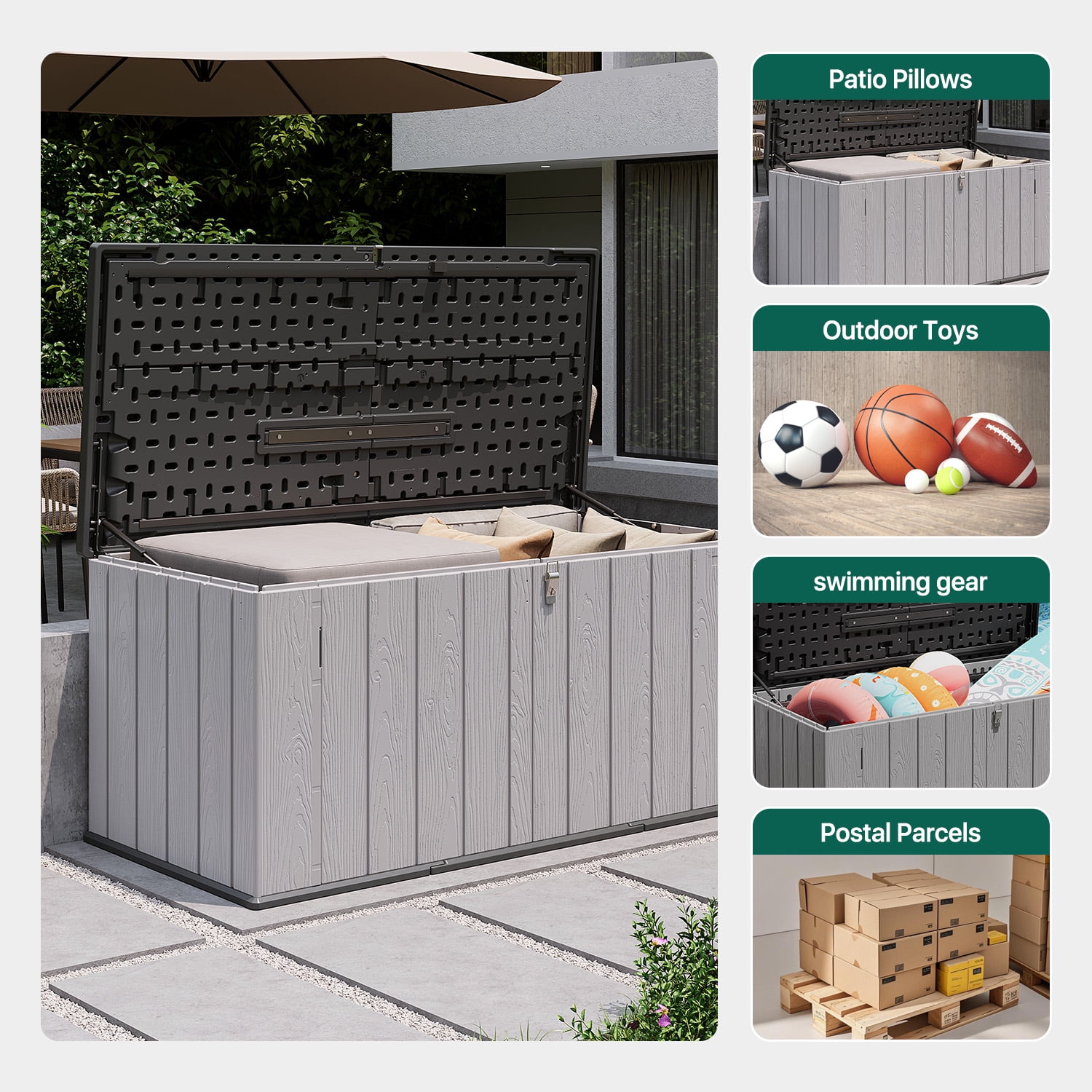 Dateyes 21 Cu.Ft Outdoor Storage Shed, Waterproof Resin Cabinet with Floor for Patio, Garden & Pool, Gray