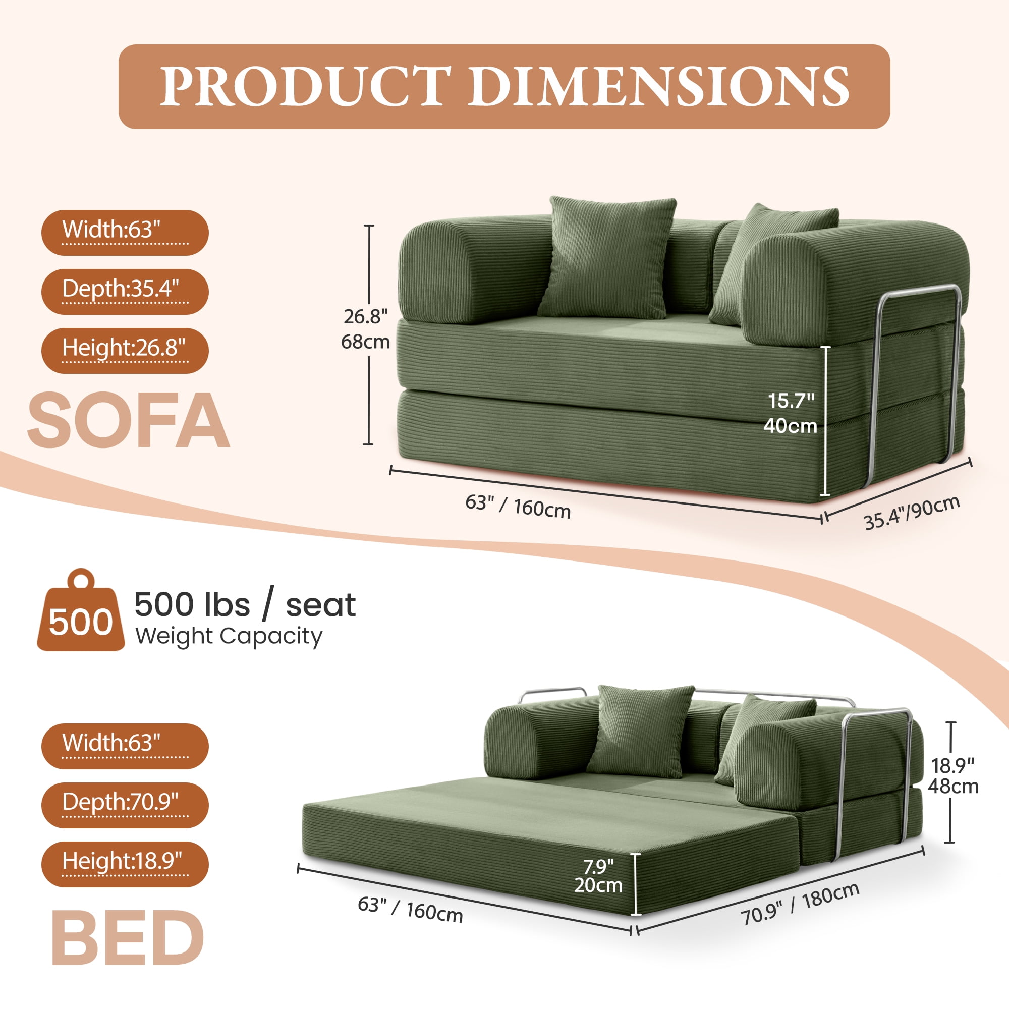 COOLHUT 63" W Combination Sofa, High Rebound Density Sponge Sofa Couch, Two Forms Floor Couch Three Seats Sofa Bed for Living Room, Bedroom, Olive Green