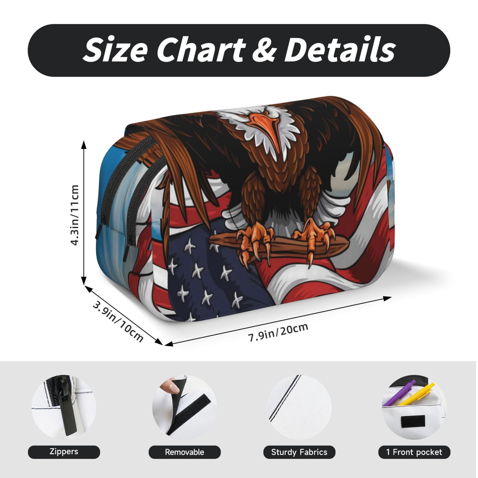 Rateoe Cartoon Bald Eagle USA Pattern Double Clamshell Pen Case, Storage Organizer with Two Zipper Compartments– Holds Up to 50 Pencils & Pens