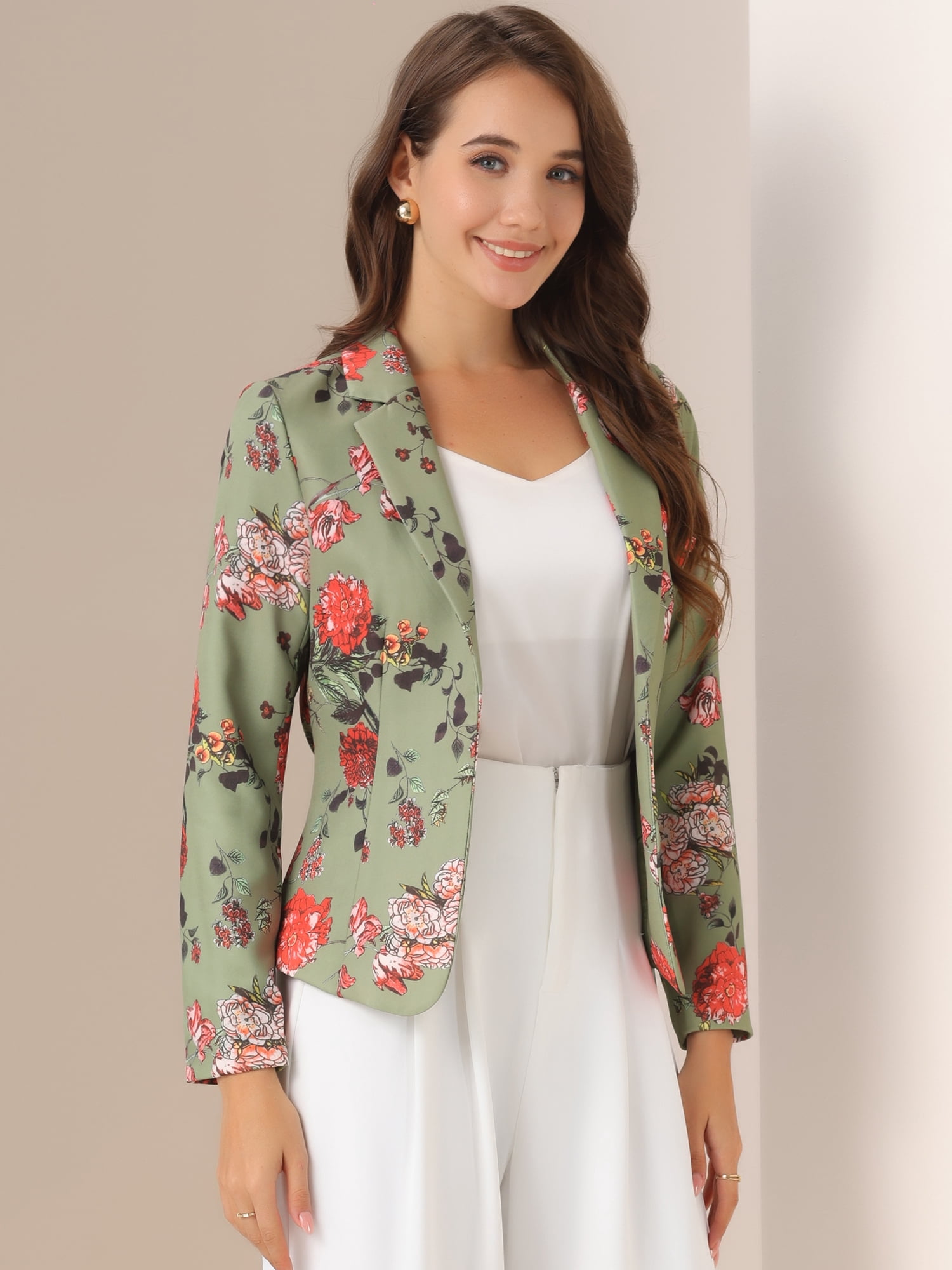 DARING DIVA Women's Elegant Notched Lapel Floral Print Blazer S Dusty Green-Floral