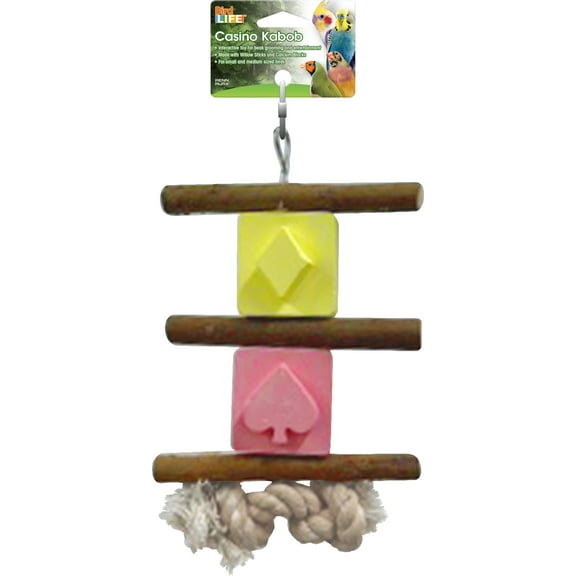 Penn-Plax Casino Kabob Toy for Medium Birds - Wood Perches, Pink & Yellow Calcium Blocks, & Rope Toy