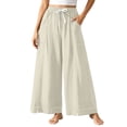 thumbnail image 3 of Women's Cotton Loose Wide Leg Pants, Mid Elastic Waist Drawstring with Pockets, Lightweight Casual Flowy Trousers for Business Summer Vacation, Soft Linen | VerBelle,Beige L, 3 of 9