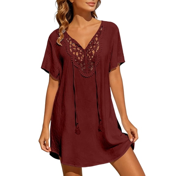 Swimsuit Coverup for Women Summer Bathing Suit Cover Up Waffle Knit V Neck Short Sleeve Beach Dresses Red L