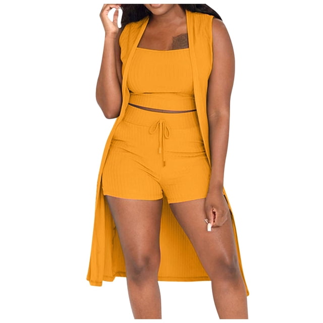 Ladies Solid Color 3pc Set - Sleeveless Coat, Vest & Shorts, Stretchy Polyester, Summer Casual/Club Outfit, Multiple Sizes
