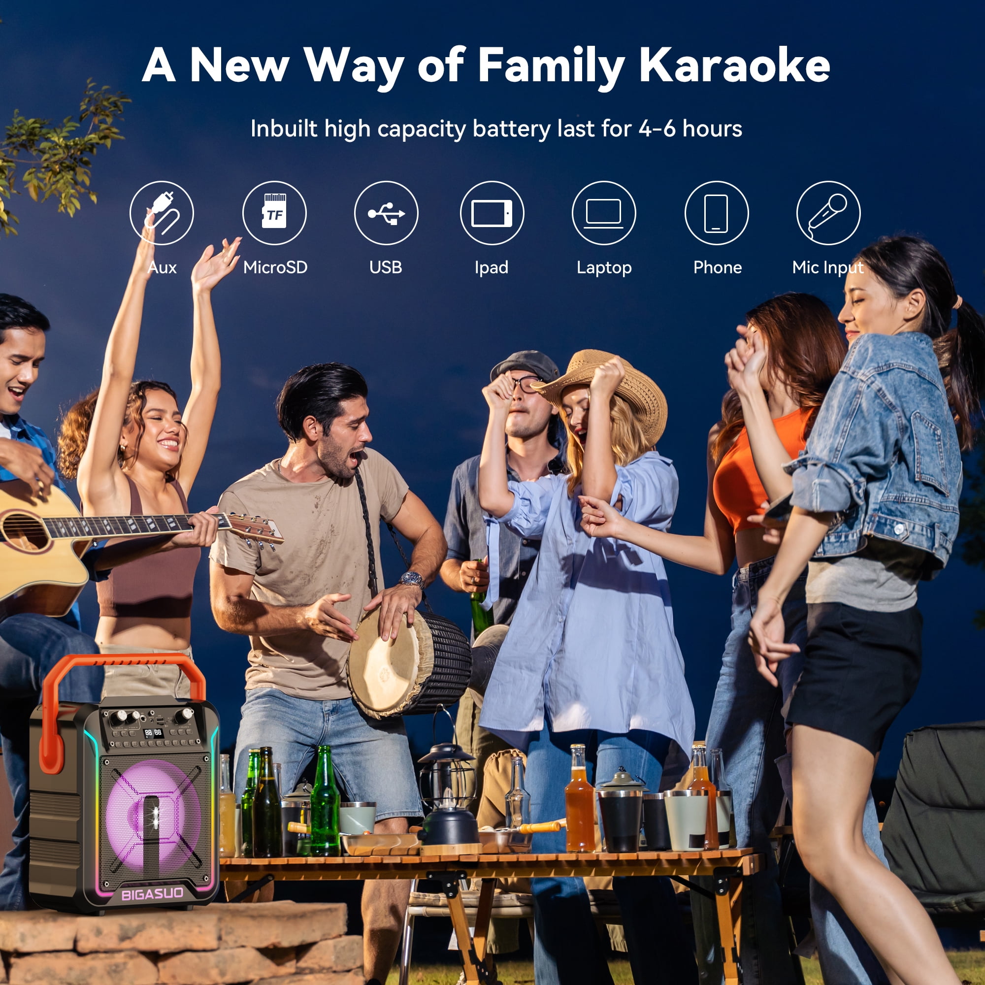 BIGASUO Bluetooth Karaoke Machine, Portable Party Speaker Karaoke Singing Machine for Adult , Home Karaoke PA System with 2 UHF Microphones , RGB Colorful Light,  TWS Speaker for Indoor/Outdoor