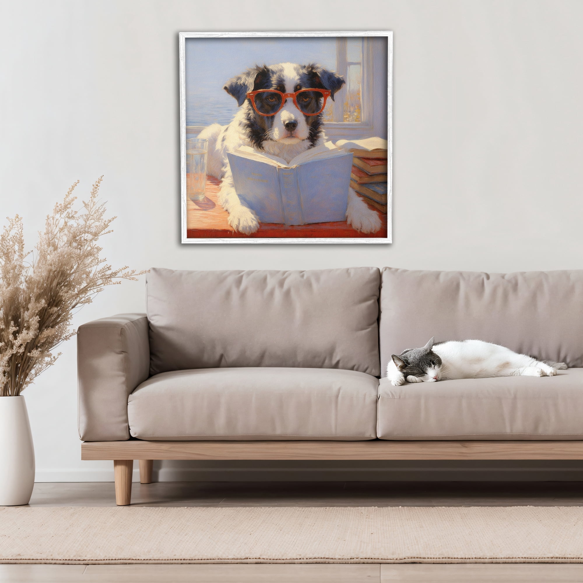 Stupell Industries Sunlit Dog Reading By Window White Framed Giclee Art, design by Angie Hawke