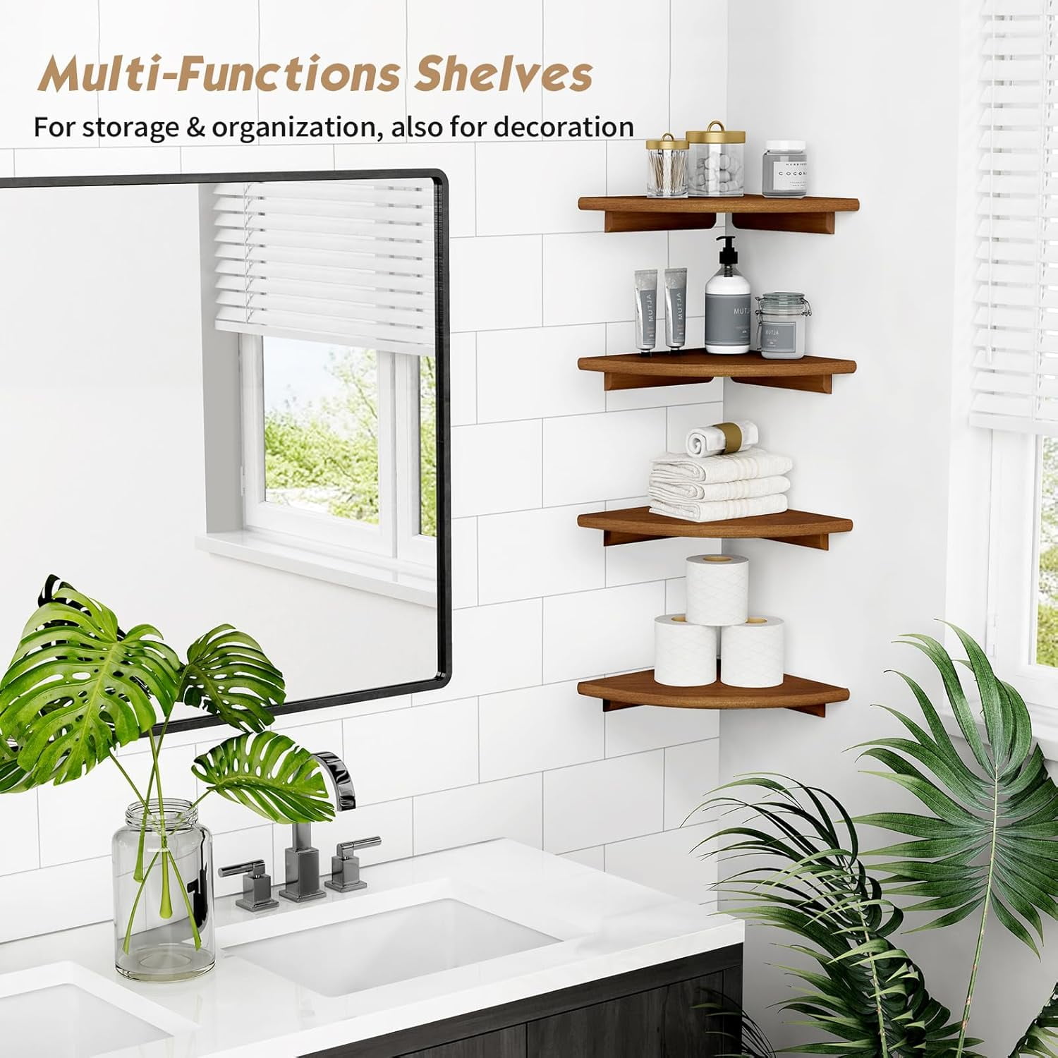 White Corner Floating Shelves for Wall Set of 4, Rounded Corner Shelves Wall Mounted for Kids Bedroom Books, Cute Wood Hanging Corner Shelf for Bathroom Decor, Living Room, Small Spaces