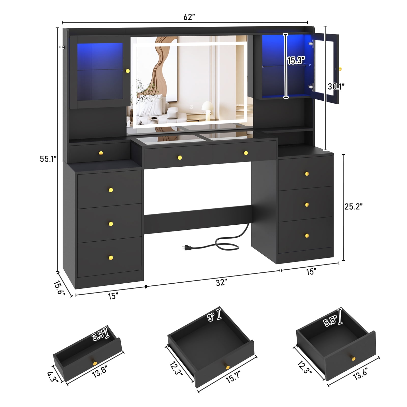 ChVans 62 Large Vanity Desk Tempered Glass Top 60000 color LED Lights Charging Station White Makeup Vanity 3 Lights Mode LED Mirror 9 Drawers 2 RGB c
