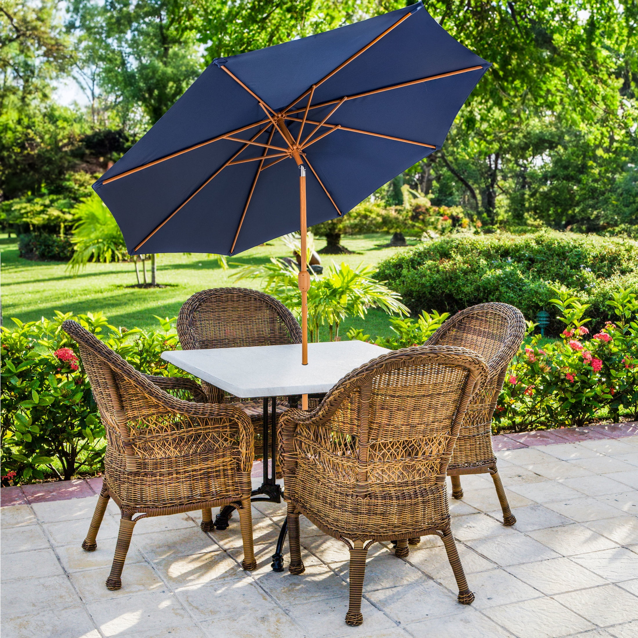 Sunnydaze 8.5 ft Outdoor Patio Umbrella with Push Button Tilt and Crank - Faux Woodgrain Finish - Large Vented Market Umbrella - Navy Blue