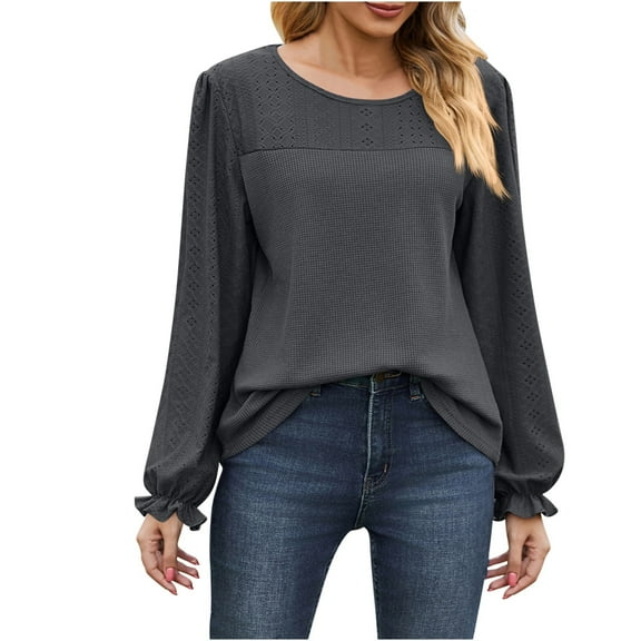 WREESH Womens Fashion Dressy Shirts Solid Color Knit Round Neck Long Sleeved Hollowed Out Patchwork Loose T-Shirt Pullover Dark Gray