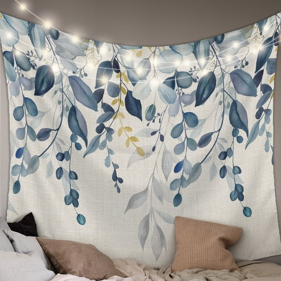Navy Blue Eucalyptus Tapestry for Bedroom Wall Hanging Tapestry, Farmhouse Weeping Leaves Linen Ceiling Backdrop Tapestries Poster Blanket Wall Decor for Teens Room Living Room Dorm 39" x 59"