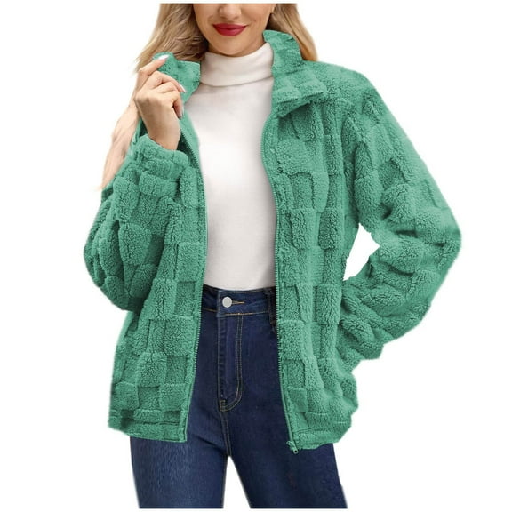 TKLPEHG Womens Winter Coats Fall Long Sleeve Zip Up Fleece Coat Casual Comfy Stand Collar Jackets Warm Fleece Lined Winter Coats (Green,XXL)